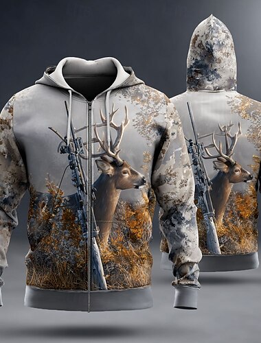  Homens camuflagem Veado Moletom Jaqueta Moda Diário Com Capuz Férias Caça Marron Verde Com Cordão Zíper Outono Inverno Designer