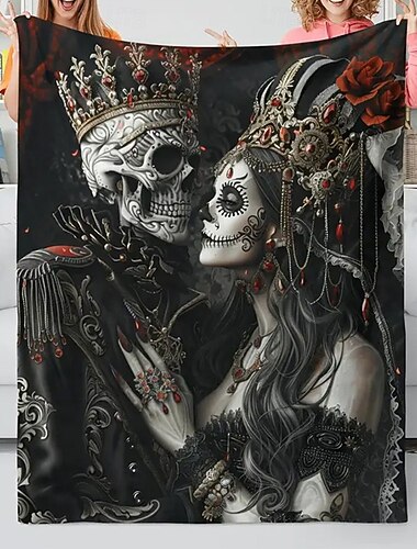  Couverture polaire Jour des Morts pour canapé, motif squelette 3D, style punk gothique foncé, décoration de canapé-lit, chaude, pour la maison