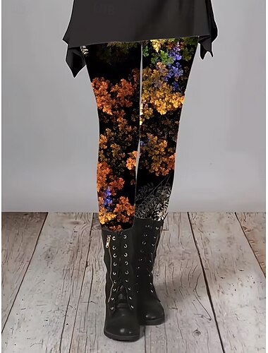  نسائي طماق العطلة عتيق موضة مكتمل الطول خصر عالي ورد الرسم طبع الدفء ناعم متنفس قابل للبسط رسمي الأماكن المفتوحة عطلة برتقالي الربيع الخريف قياس نحيل