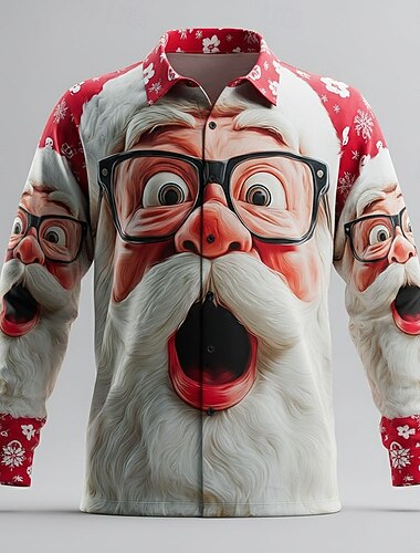  عيد الميلاد المجيد رجالي بابا نويل 3Dكرتون الوجه الإنساني قميص زر حتى القميص كم طويل مضحك الأماكن المفتوحة مناسب للعطلات الربيع الخريف طوي طباعة ثلاثية الأبعاد قميص بياقة أحمر 1 أحمر احمر 2