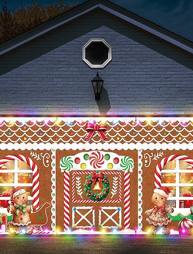  Jul utomhus garageportsskydd pepparkaksgubbe godishus polkagris julkrans stor gobeläng bakgrund semesterfest väggdekoration för utomhus garageport hem festivaldekor