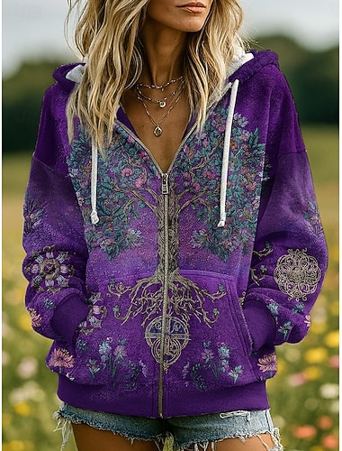 نسائي هوديس بسحاب ورد الرسم موضة كاجوال كم طويل مع قبعة قمصان عادية شارع مناسب للبس اليومي بقع سحاب جيب أرجواني الربيع الخريف   نسائي هوديس بسحاب ورد الرسم موضة كاجوال كم طويل مع قبعة قمصان عادية شارع مناسب للبس اليومي بقع سحاب جيب أرجواني الربيع الخريف