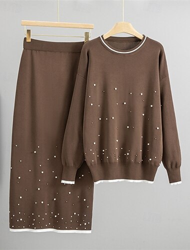  בגדי ריקוד נשים סוודר תיאום סוודר סגנון רחוב יום יומי קולור בלוק צווארון עגול קצר חרוזים סרוג שרוול ארוך חולצות רגילות לִסְרוֹג יומי חגים ליציאה שחור משמש סתיו חורף