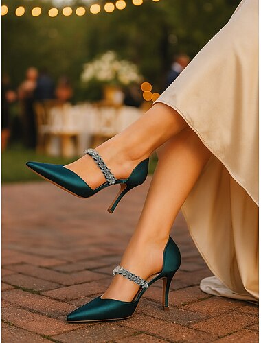  Dameblå satin stilettohæle med krystalrem - elegante pumps med spids tå til formelle lejligheder og cocktailparties