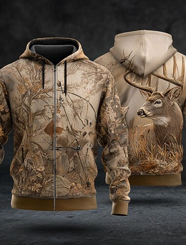  Homens camuflagem Veado Moletom Jaqueta Moda Diário Com Capuz Férias Caça Marron Verde Com Cordão Zíper Outono Inverno Designer