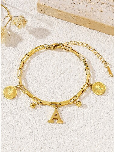  Vergulde armband met alfabetletters voor dames met munt- en bolbedels, verstelbare ketting, stijlvol kerstcadeau voor haar, gepersonaliseerd sieraadaccessoire