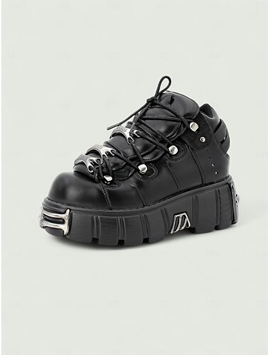  Gothic platform sneakers voor dames met metalen details - punk-stijl dikke veterschoenen voor Halloween-feestmode