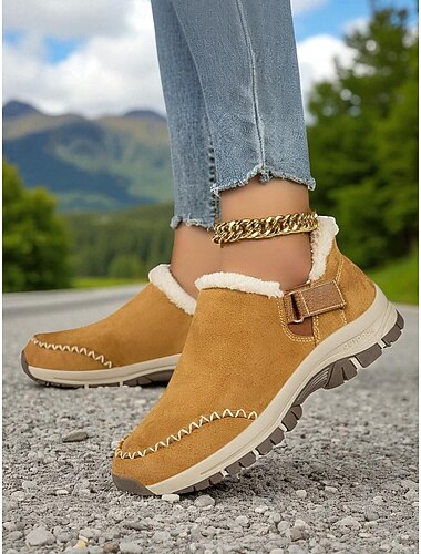  Damskor med pälsfoder, slip-on sneakers, avslappnade vinterskor med halkskydd för snö och kallt väder