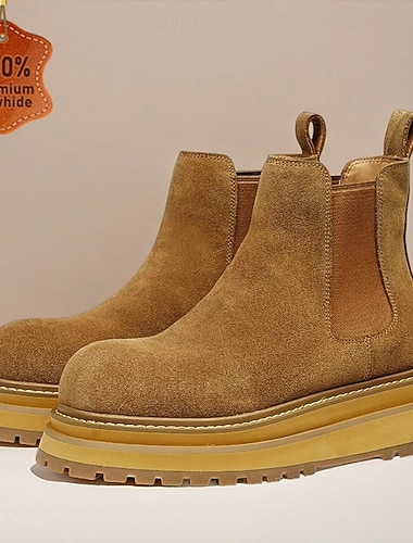 Мужские светло-коричневые замшевые ботинки челси – классические ботильоны без застежек с прочной подошвой для деловых повседневных образов, осенних нарядов и встреч на свежем воздухе   Мужские светло-коричневые замшевые ботинки челси – классические ботильоны без застежек с прочной подошвой для деловых повседневных образов, осенних нарядов и встреч на свежем воздухе