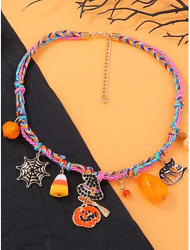  Halloween-bedelketting voor dames - kleurrijke geweven choker met pompoen, heks, spin en snoep voor een Halloween-kostuumfeest
