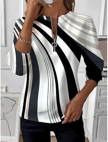  Жен. Пуловер Толстовка Толстовки с застежкой-молнией Графика Геометрический принт Контрастных цветов Мода На каждый день Длинный рукав Вырез под горло Обычные топы Для улицы На каждый день