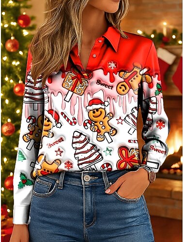 Camisa de Natal para Mulheres Gráfica Elegante Vintage Tropical Manga Longa Gola de Camisa Tops Regulares Trabalho Diário de Férias Rosa Vermelha Azul Verde Outono Inverno