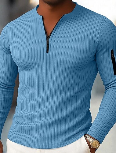  Homens Camiseta camisa muscular Camiseta de malha canelada T-shirt Manga Longa Meio Zíper Primavera Outono Inverno Tecido Moda Designer Básico Quarter Zip Férias Casa Rua Branco Azul Roxo Top Tee