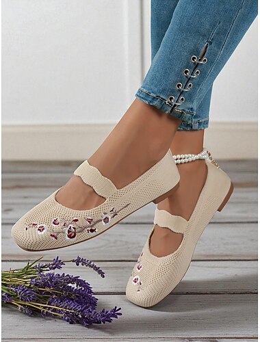  Ballerines Mary Jane Flyknit beiges pour femmes avec broderie florale, chaussures décontractées et respirantes à enfiler pour le travail, les voyages et le quotidien