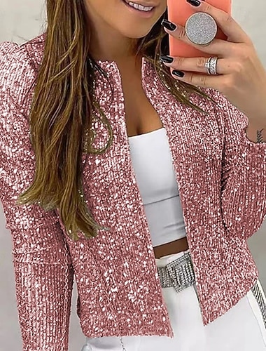  Dam Vardaglig jacka Bekväm Andningsfunktion Paljett Mode Dagligen Slät Utomhus Ledigt Dagligen Cardigan Kort Kraglös Normal Långärmad Ytterkläder Rodnande Rosa Vår Höst