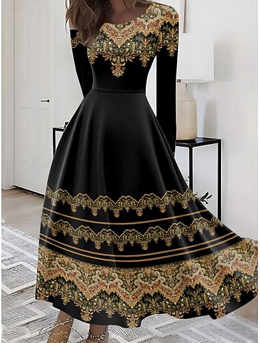  Damen Maxikleid A Linie Kleid Figurbetontes Kleid Urlaub Lässig Boho Party Täglich Ausgehen Normale Passform Grafik Stammes Langarm Rundhalsausschnitt Gelb Blau Purpur Grün Sommer Frühling Herbst