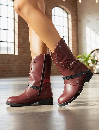  lila dubbade ankelboots för kvinnor med dragkedja i sidan och spännband, skor i punkrockstil för djärva modeintryck