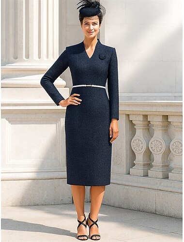  Skjerm kolonne te-lengde festkjole cocktailkjole bryllups gjest kjole mor til bruden kjole lang erme v-hals elegant vintage formell ull med belte  bånd