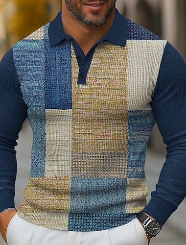  Miesten Väripalikka Vohveli poolopaidat Pitkähihainen Poolopaidat Kauluspaidat Business Casual liiketoiminta Käytä töihin Arki-asut 3D-tulostus Napit Kevät Syksy Talvi Sininen Sininen 1 Sininen 3#