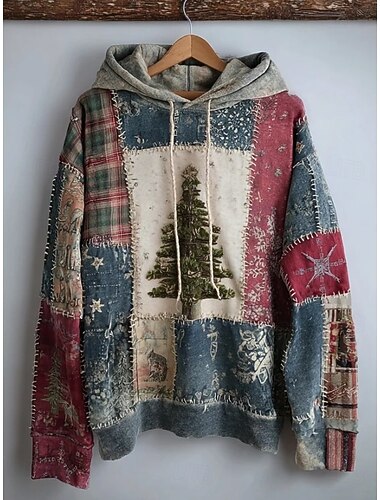  Per donna Felpa con cappuccio Floreale Grafico Albero di Natale Elegante Caldo Attivo Manica Lunga Con Cappuccio Top Regolari Streetwear Abbigliamento Quotidiano Casuale Patchwork Stampato Blu