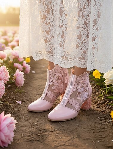 botins femininos de renda branca com salto bloco transparente - perfeitos para casamentos e eventos especiais