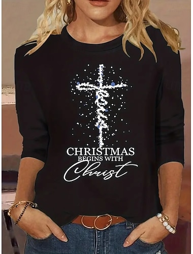 Weihnachten Damen T Shirt Grafik Buchstabe Kreuz Vintage Mode Stilvoll Langarm Rundhalsausschnitt Rundhals Normale Oberteile Täglich Wochenende Druck Schwarz Gelb Rote Blau Frühling Herbst Winter   Weihnachten Damen T Shirt Grafik Buchstabe Kreuz Vintage Mode Stilvoll Langarm Rundhalsausschnitt Rundhals Normale Oberteile Täglich Wochenende Druck Schwarz Gelb Rote Blau Frühling Herbst Winter