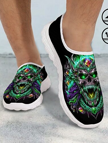  herre pustende slip-on sneakers med hodeskalle- og dragetrykk – gotiske fritidssko for halloween og streetwear
