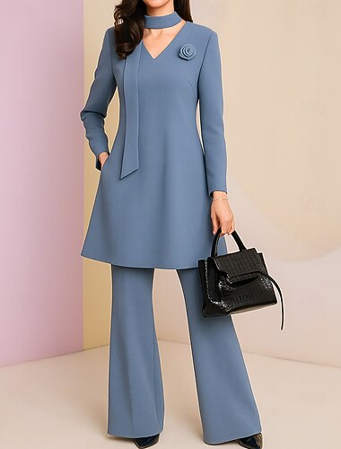  Todelt Buksedrakt Kjole til brudens mor Bryllupsgjest Elegant Enkel V-hals Gulvlengde Polyester Langermet med Blomst Ensfarget