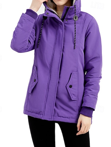  Жен. Зимнее пальто Куртка с капюшоном Сохраняет тепло Удобный Молния Карман На каждый день Полотняное плетение на открытом воздухе Отпуск Для улицы На выход Обычная Капюшон Стандартный Длинный рукав