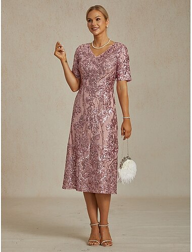 فستان ميدي مزين بالخيوط النسائية فستان بتصميم Shift أنيق مزخرف يلمع لحفلات الزفاف بحجم مناسب مزهر بأكمام قصيرة بتصميم رقبة على شكل V بلون وردي فاتح لفصل الربيع والخريف والشتاء   فستان ميدي مزين بالخيوط النسائية فستان بتصميم Shift أنيق مزخرف يلمع لحفلات الزفاف بحجم مناسب مزهر بأكمام قصيرة بتصميم رقبة على شكل V بلون وردي فاتح لفصل الربيع والخريف والشتاء