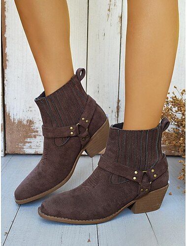  stivaletti da donna in finta pelle scamosciata color cachi con cinturino e fibbia, stivaletti bassi con tacco a blocco in stile western per abbigliamento casual