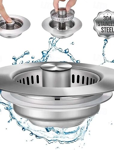  3-i-1 avløpsfilter til kjøkkenvask i rustfritt stål mot tilstopping av matoppsamler &luktfilter med fjærbelastet popup-stopper, amerikansk standard 3,5" rustbestandig kjøkkenvaskplugg