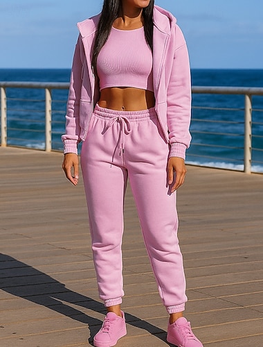  Damskie Dres 2-częściowy Bluza z kapturem Lounge Komplety dresowe Elastyczny pas Solidne kolory Zestawy odzież Jesień Czarny Różowy Na zewnątrz Podróże Sportowy Odprowadza wilgoć Długi rękaw Sport
