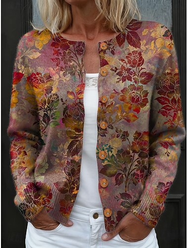  Per donna Cardigan Quotidiano Casual Floreale Grafico A Coste Girocollo Floreale Bottoni Stampato Manica Lunga Top Regolari Maglia All'aperto Weekend Marrone Primavera Autunno