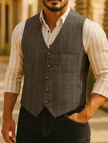  Per uomo Gilet Gilet in tweed Formale Matrimonio Vacanza Casuale Moda Classico Primavera Autunno Tasca Bottoni Poliestere Tessuto Confortevole Plaid Monopetto Scollo a V Vestibilità regolare Nero