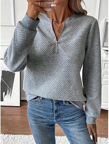  Damen Pullover Sweatshirt Einfach Lässig Langarm Rundhalsausschnitt Normale Oberteile Straße Alltagskleidung Reißverschluss Schwarz Weiß Rosa Grau Herbst Winter