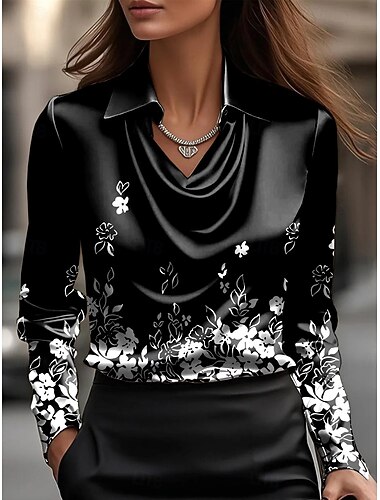  Women's Shirt Floral Graphic Elegant Daily Long Sleeve Cowl Neck Regular Tops Work Daily Evening Party Draped Black Blue Purple Green Summer Spring Fall Winter