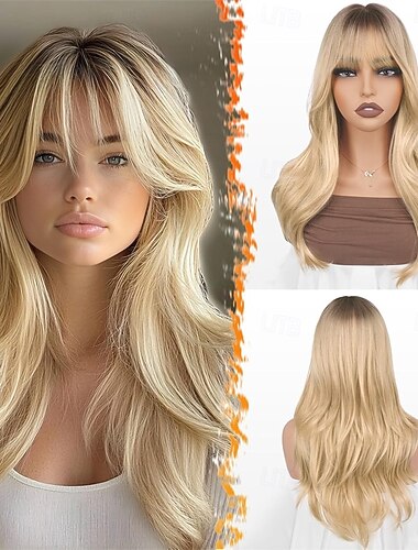  Ombre blonde gelaagde pruik met pony - 20 inch blonde ombre gelaagde pruik met donkere wortels voor vrouwen - natuurlijk ogende zachte golvende synthetische Sabrina pruiken lagen pony dagelijks