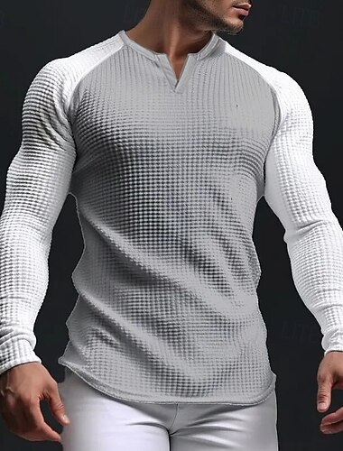  男性用 ワッフルTシャツ ワッフルシャツ Tシャツ ティートップ 長袖 Ｖネック 春 & 秋 カラーブロック ファッション デザイナー ベーシック パッチワーク バケーション ストリート お出かけ ブラック ダークブルー カーキ色 メンズトップTシャツ