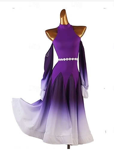  Dámské fialové ombré šaty na společenské tance s volnými rukávy, páskem v pase a ramínkovým výstřihem – ideální pro latinskoamerické tance, tango a taneční vystoupení