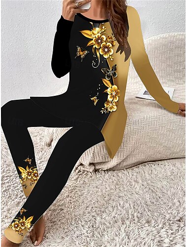 Damen Elegant Urlaub Mode T Shirt Hosen-Sets Langarm Rundhalsausschnitt Rundhals Ombre Blumen Grafik Druck Lässig Täglich Alltagstauglich Gold Frühling Lässiger Schnitt   Damen Elegant Urlaub Mode T Shirt Hosen-Sets Langarm Rundhalsausschnitt Rundhals Ombre Blumen Grafik Druck Lässig Täglich Alltagstauglich Gold Frühling Lässiger Schnitt