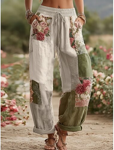  Damen Weites Bein Hosen Hose Mode Streetwear Volle Länge Mittlere Taille Blumen Tasche Elastischer Bund Druck Bequem Atmungsaktivität Mikroelastisch Täglich Outdoor Alltagskleidung Blau Weiß Rosa