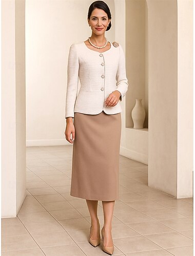  Todelt A-linje Dress dress Te-lengde Langermet Crew-hals Elegant Årgang Formell Polyester Kjole til brudens mor med Knapper