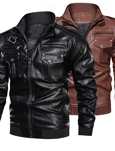 Voor heren Jas van imitatieleer Bikerjack Motorjas Vakantie Dagelijks Winddicht Zak Lente Herfst Effen Modieus Klassiek Opstaand Normaal Zwart Bruin Jacks