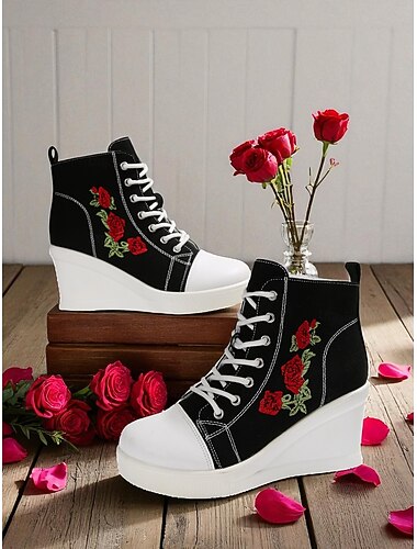  Women's Black Canvas Wedge Sneakers with Red Rose Embroidery, Lace-Up Platform Casual Shoes for Streetwear, Holloween Parties and Festivals