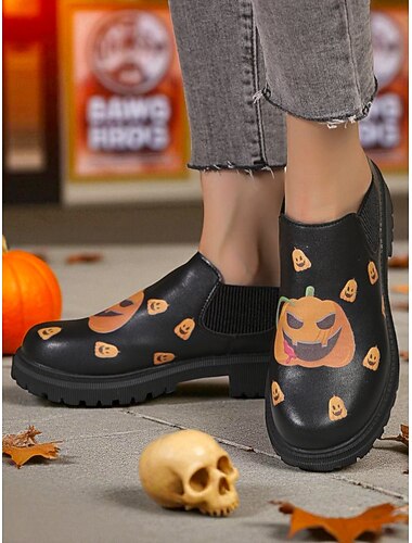  dame slip-on ankelstøvletter med halloween-gresskartrykk – svart imitert skinn med elastiske sider for høstfester og streetwear