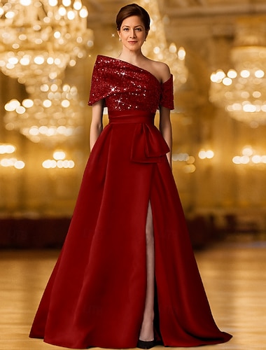  А-силуэт В пол Вечернее платье С пышной юбкой Торжественное платье Элегантный стиль Блестящая Шелковистость Длинный рукав На одно плечо Официальные Свадьба Карман Стретч-сатин с Блеск