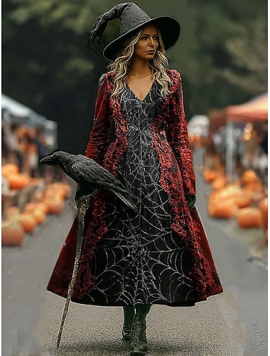  Halloween Per donna Abito maxi Abito a trapezio Vacanza Casual Boho Spiaggia Vestibilità regolare Floreale Grafico Manica Lunga Scollo a V Nero Rosso scuro Vino Rosso Primavera Autunno