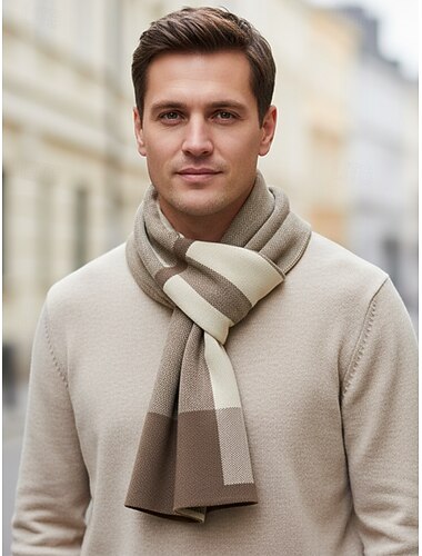  Men's Faux Wool Plaid Winter Scarf – Soft Warm Stripe Knit Shawl for Business, Casual Wear and Holiday Gift