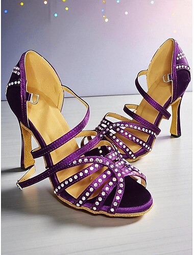  Profesjonalne buty do tańca latynoskiego damskie, fioletowe satynowe sandały na wysokich obcasach z paskami i kryształkami, idealne do tańca towarzyskiego, na imprezy w stylu Gatsby'ego i wieczorne
